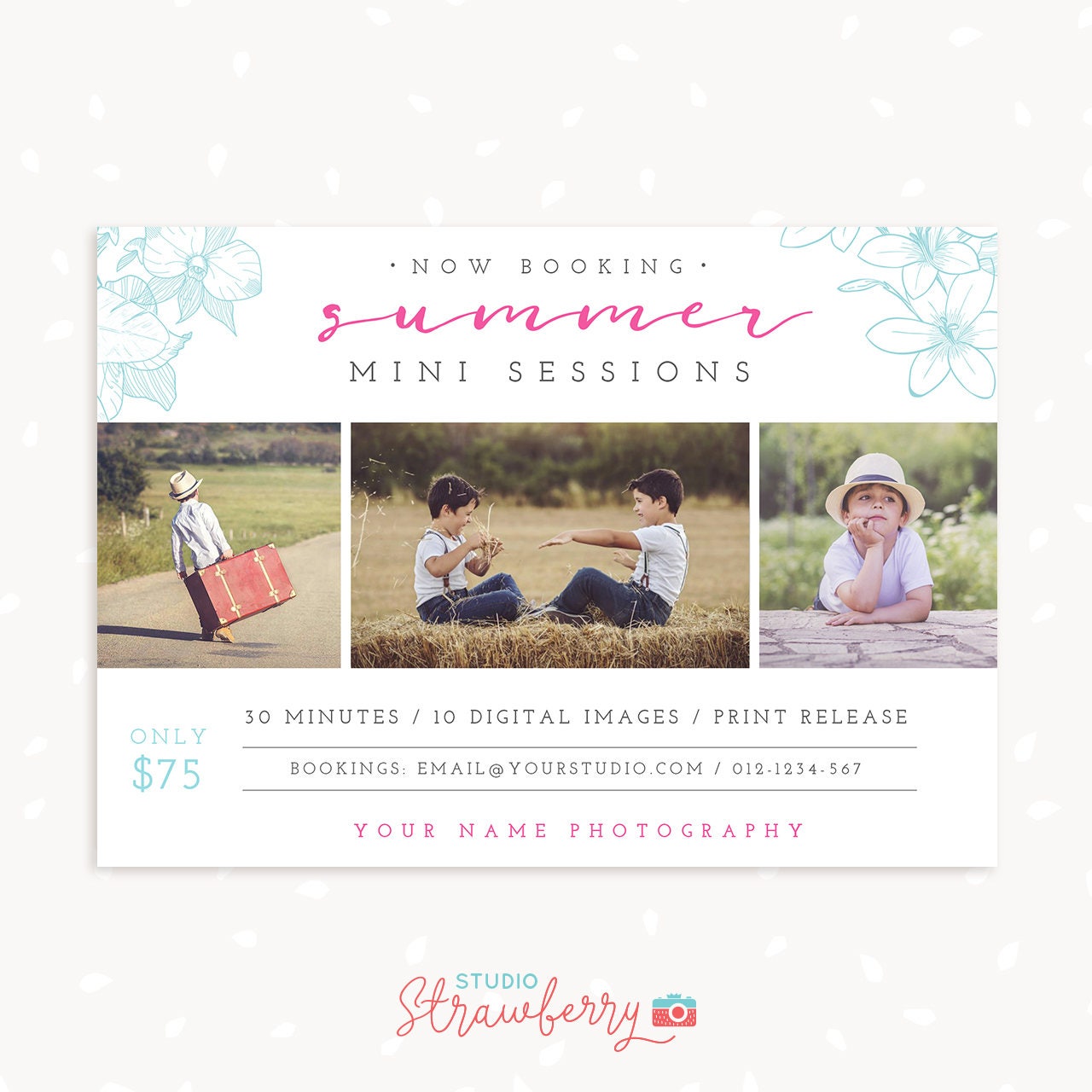 Summer Mini Session Template, Classic Floral Summer Mini Sessions, Marketing Board, Photoshop Template, Photography Marketing Set, Minis