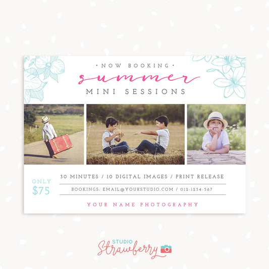 Summer Mini Session Template, Classic Floral Summer Mini Sessions, Marketing Board, Photoshop Template, Photography Marketing Set, Minis