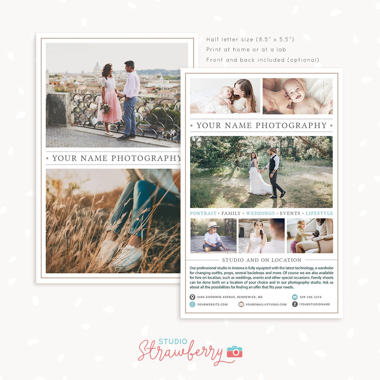 Photography brochure template, pamphlet, photography flyer, one page flyer, one page brochure, half letter, photography marketing page