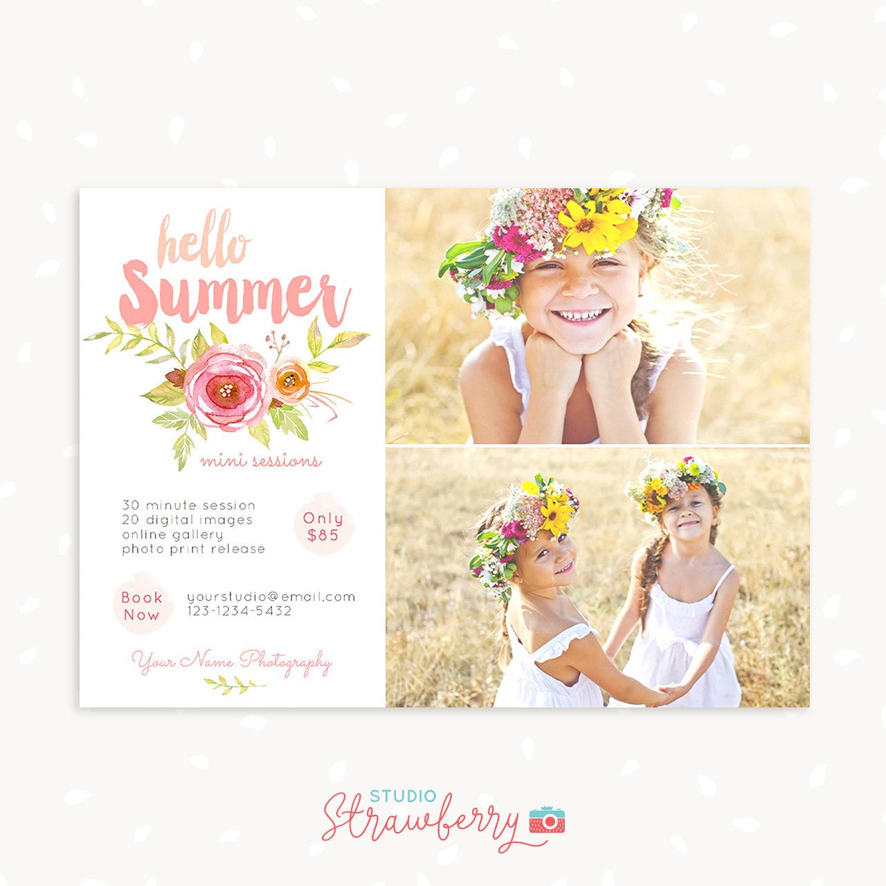 Summer Mini Session Template, Watercolor Floral Summer Mini Sessions, Marketing Board, Photoshop Template, Photography Marketing Set, PSD
