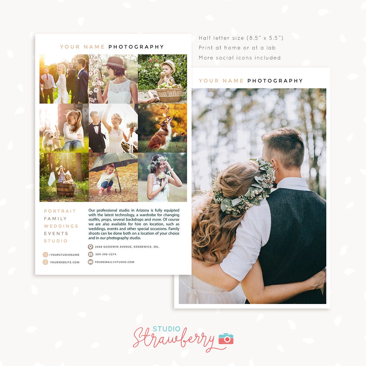Photography flyer templates, Photography brochure template pamphlet, half letter one page brochure, photographer flyer, collage contact card