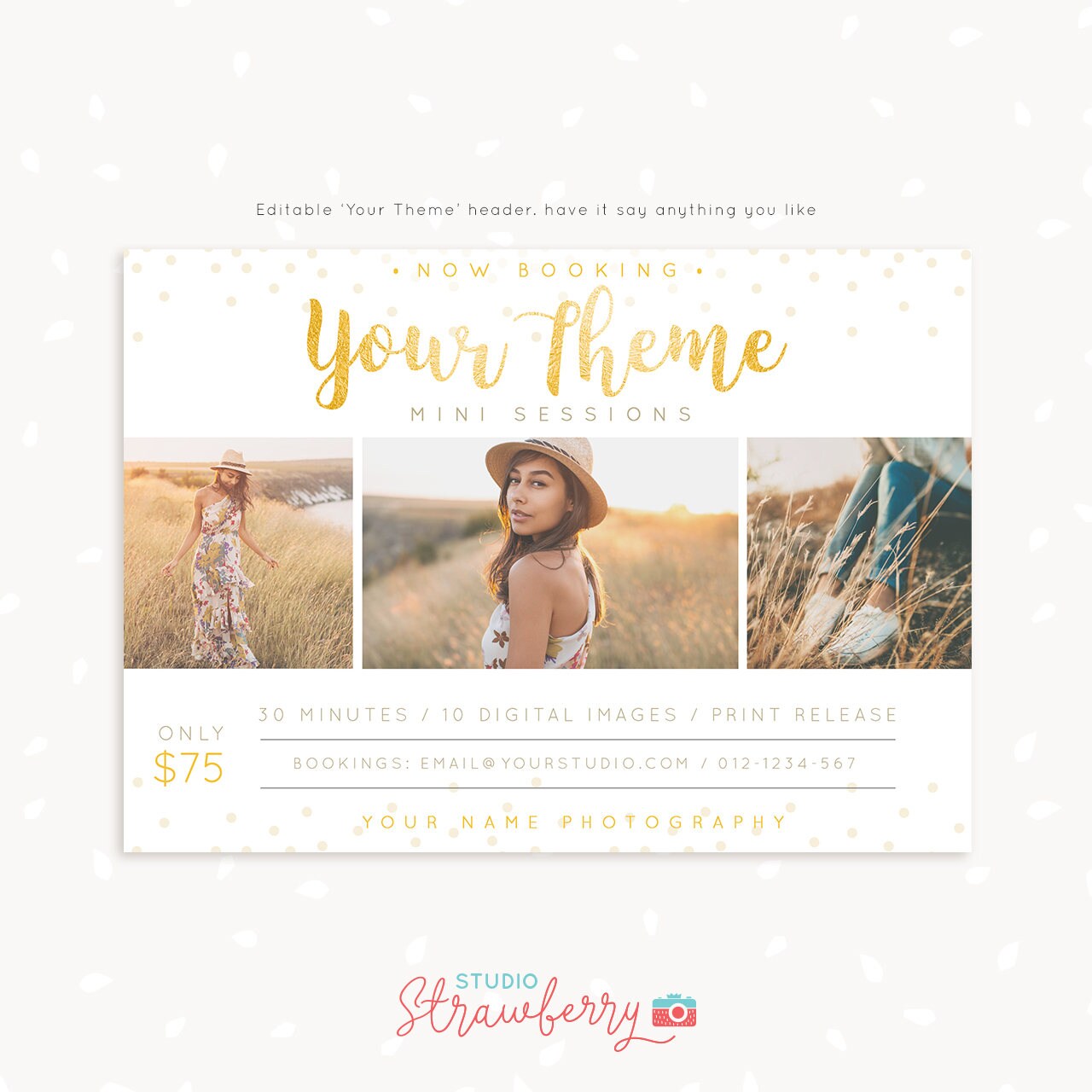 Mini Session Template, Photography marketing, Photoshop template, Gold mini sessions template, Editable marketing board, photo sessions