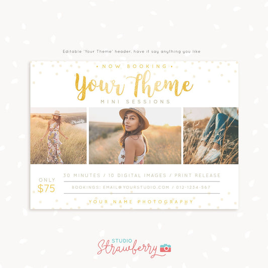 Mini Session Template, Photography marketing, Photoshop template, Gold mini sessions template, Editable marketing board, photo sessions