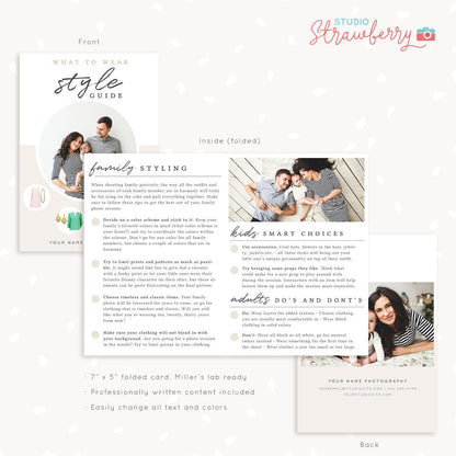 Style guide template for photographers, Style guide photography, 7x5 folded card, What to wear guide, What to wear template, family, kids