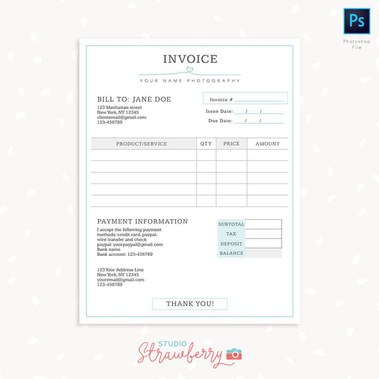 Invoice template, Photography invoice, Business invoice, Receipt template for Photographers, Photography forms, Photoshop template