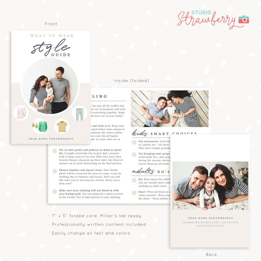 Style guide template for photographers, Style guide photography, 7x5 folded card, What to wear guide, What to wear template, family, kids