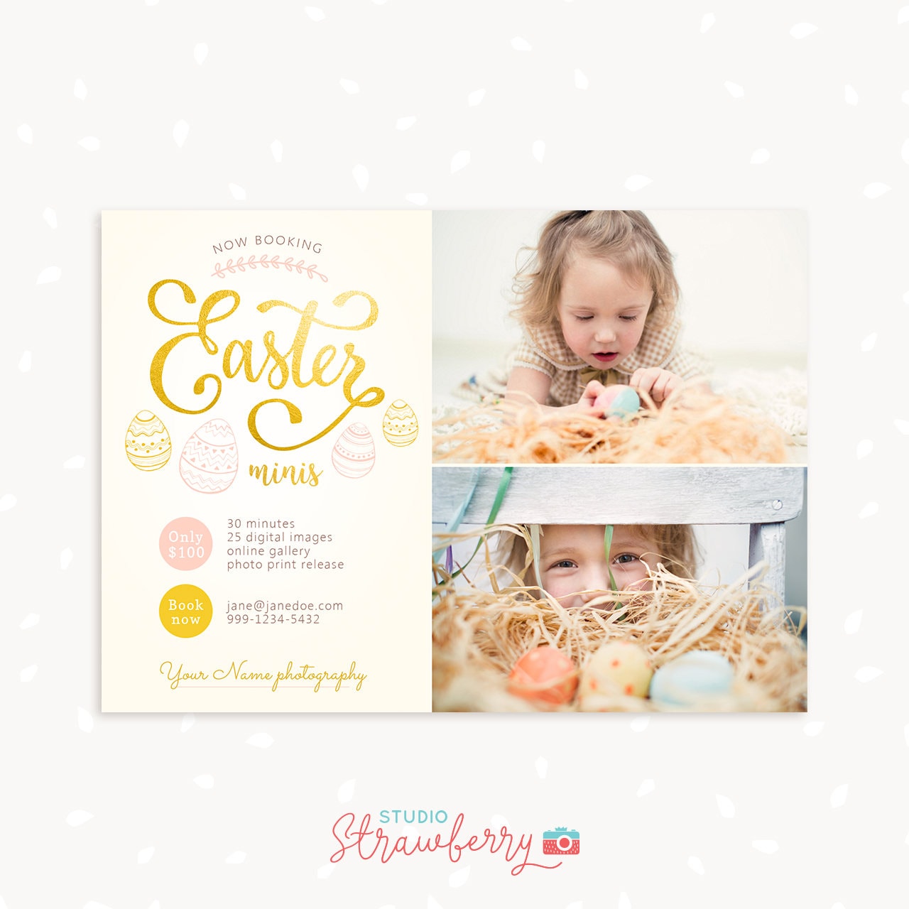 Easter Mini Session Template, Easter Marketing Board, Easter Minis, Easter Mini Sessions, Photographer Marketing, Easter session, Gold eggs