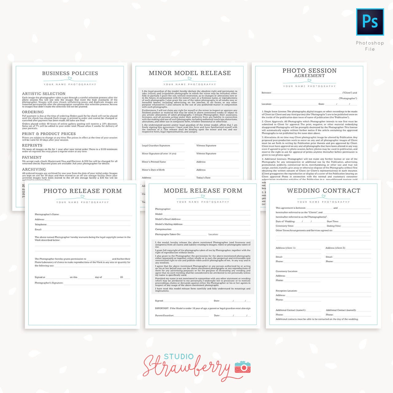 Photography Business Forms Bundle, Photo Session Agreement, Business Policies, Model Release, Photo Release, Wedding contract, Contracts