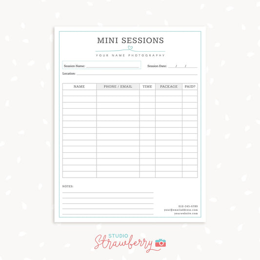 Mini sessions sign up form, Photography Forms, Mini Session Booking Form For Photographer, Photoshop Template for Photographer, Registration