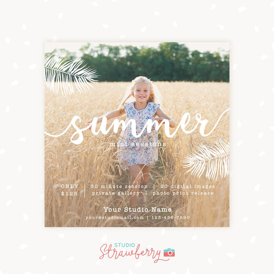 Summer Mini Session Template, Handlettering Summer Mini Sessions Template, Summer Marketing Board, Square, White, Photoshop Template
