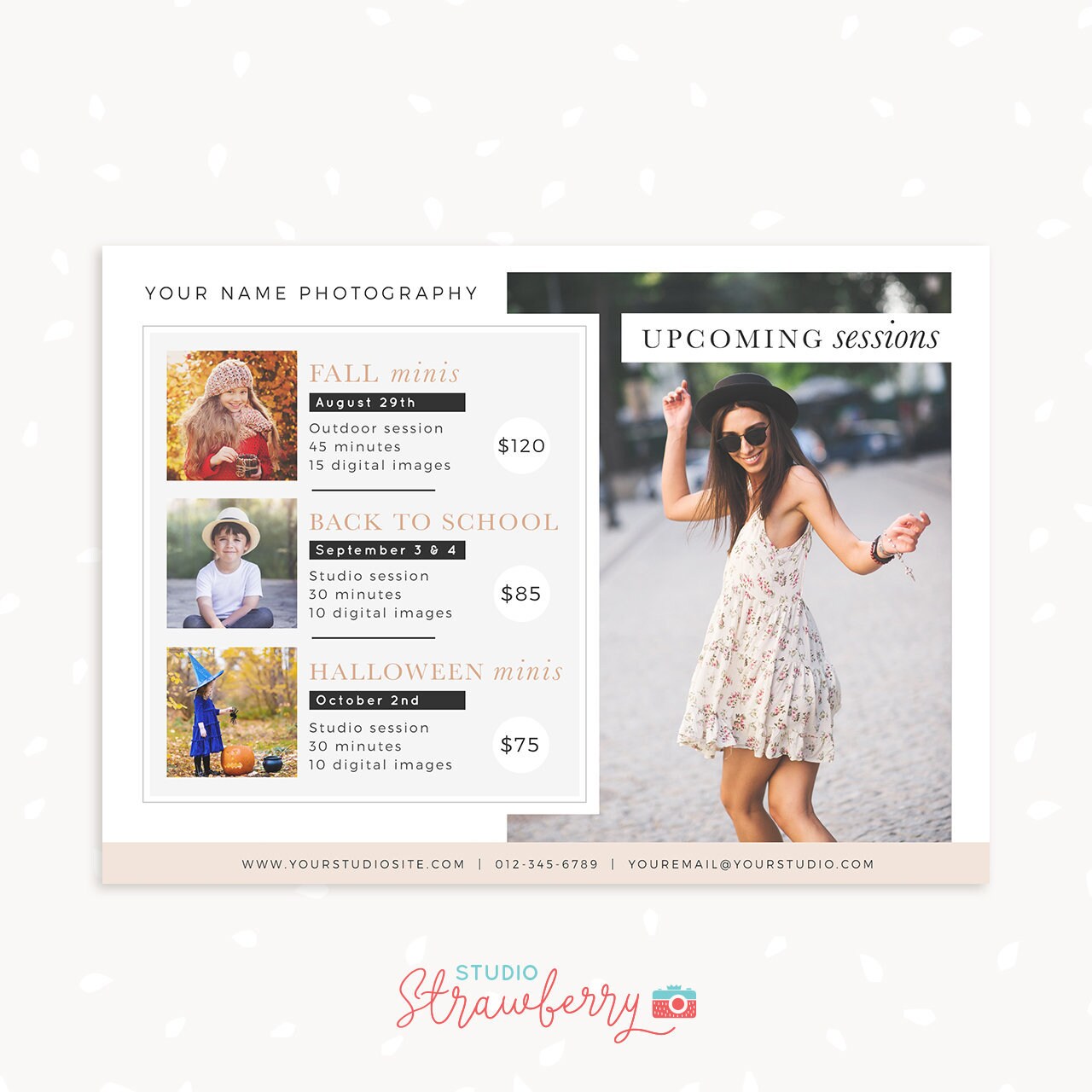 Upcoming sessions photography template, mini sessions calendar card, photography marketing board, session dates overview, sessions schedule