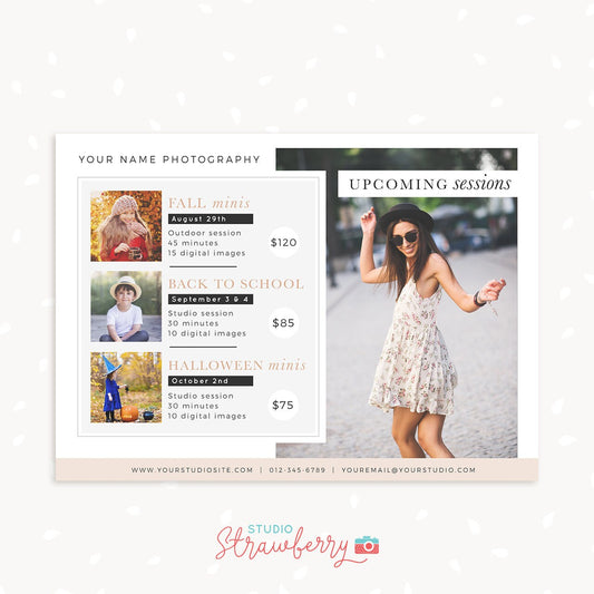 Upcoming sessions photography template, mini sessions calendar card, photography marketing board, session dates overview, sessions schedule