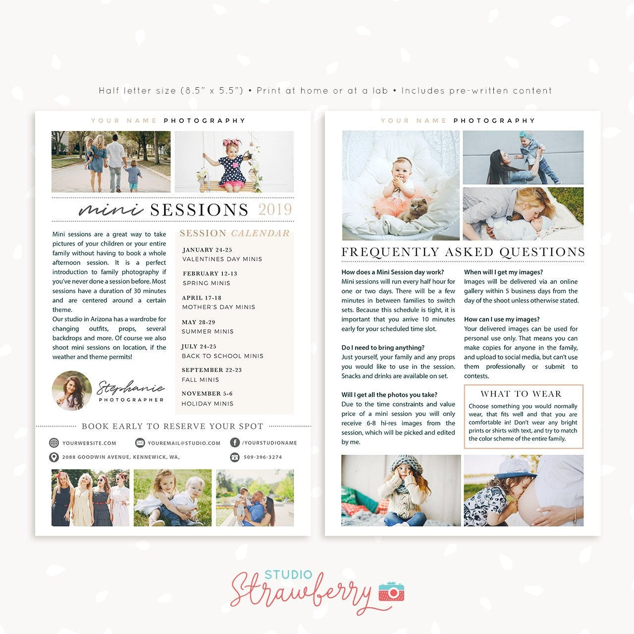 Mini sessions guide, Sessions calendar, FAQ, Photography brochure template, photography flyer, minis half letter brochure template