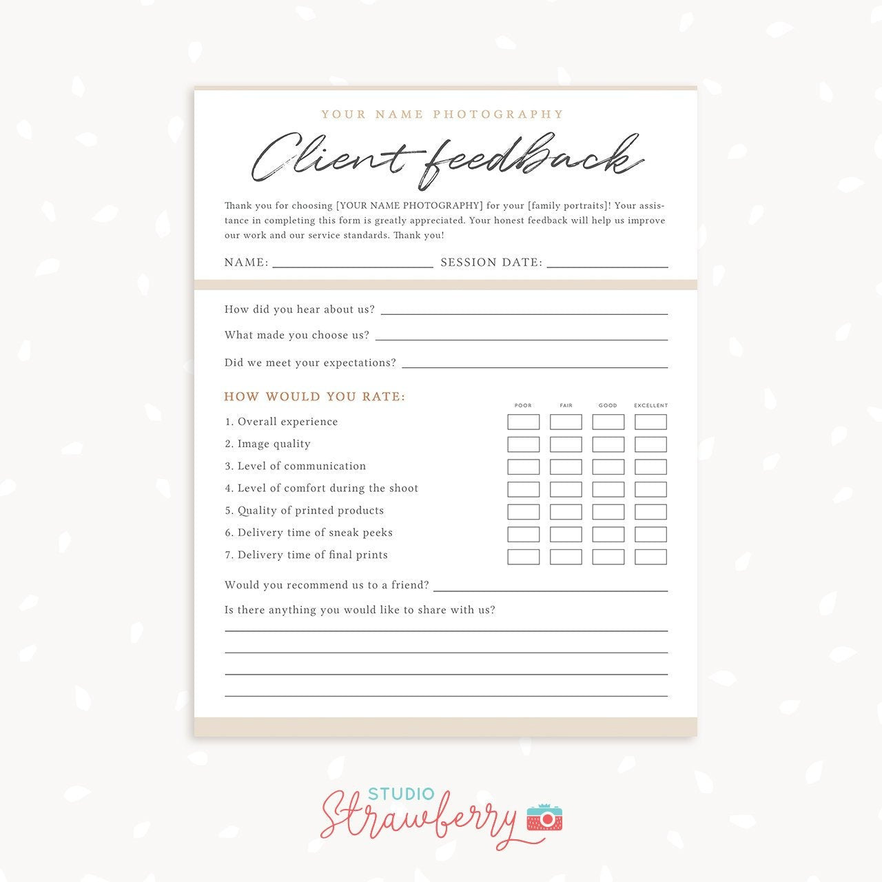 Client Feedback Form For Photographers, Customer survey template, Customer Feedback Form, Photography Forms, Templates for Photographers