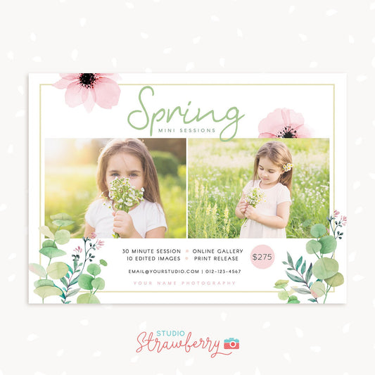 Spring Mini Session Template, Spring Mini Sessions, Floral Spring Marketing Board, Spring Photography Marketing Template, Watercolor floral
