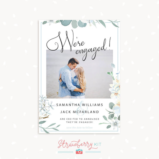 Engagement announcement card with photo, We're engaged card without date, Engagement card with photo, Printable, Floral engagement template
