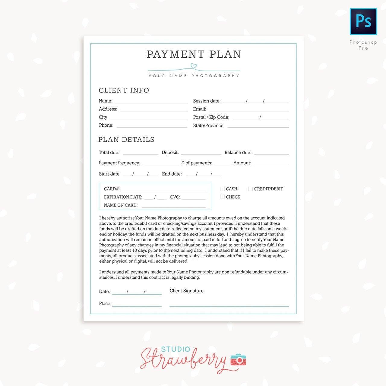 Payment plan templates, Photography Forms, Payment Plan Form For Photographer, Photoshop Template for Photographers, Payment Sign up form