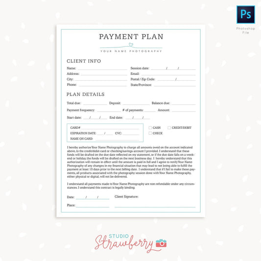 Payment plan templates, Photography Forms, Payment Plan Form For Photographer, Photoshop Template for Photographers, Payment Sign up form