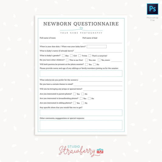Newborn questionnaire, Newborn photography questionnaire template, Baby questionnaire, Photography Forms, Newborn Booking Form Photographer