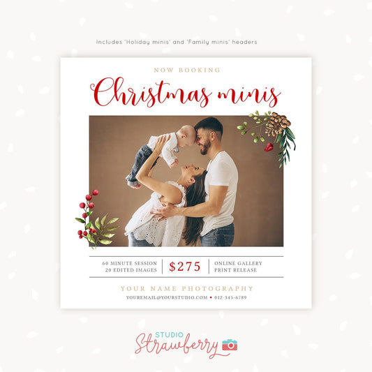 Christmas Mini Session Template, Christmas photography marketing board, Holiday minis template, Xmas Mini sessions, Family sessions, Red