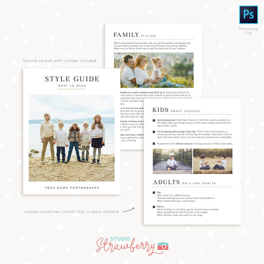 Style guide template for photographers, Style guide photography, Letter size, What to wear guide, What to wear template, family, kids