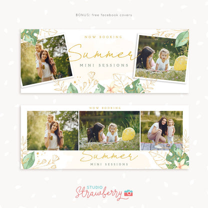 Summer mini sessions template, Summer Mini Session Template, Gold tropical leaves, Summer minis, Gold sparkle, Photoshop Template