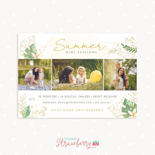Summer mini sessions template, Summer Mini Session Template, Gold tropical leaves, Summer minis, Gold sparkle, Photoshop Template