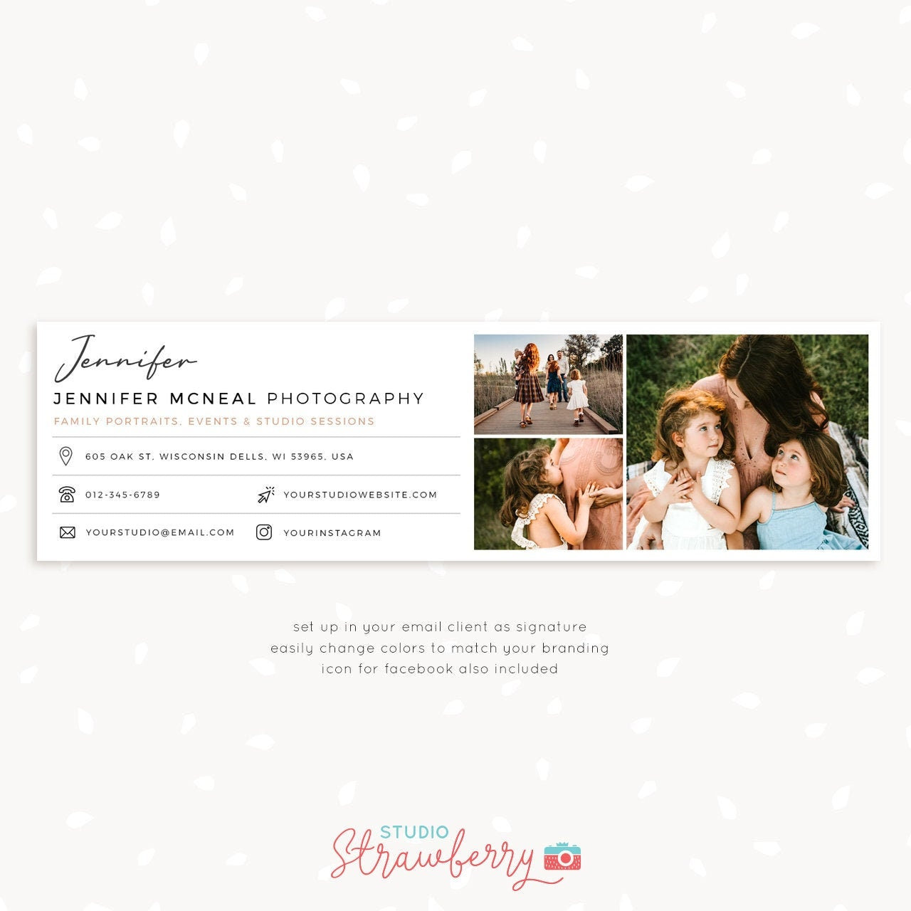 Email signature template, Photoshop template, Photographer signature template, Email template, Social media, Address, phone, photo