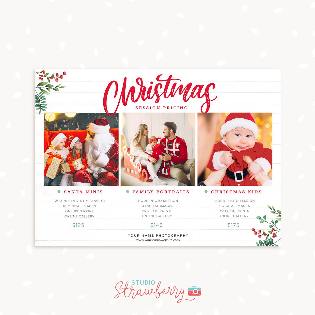 Christmas Sessions Price List Template, 5x7 pricing card, Christmas Pricing guide, Holiday Packages, Christmas packages pricing template