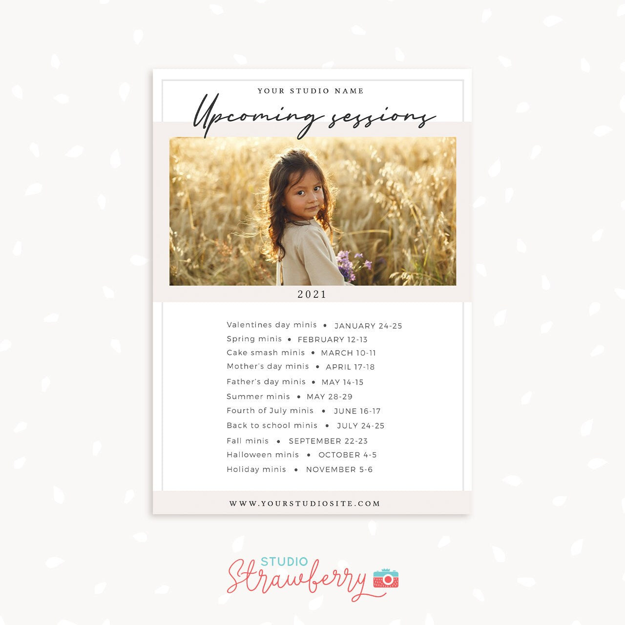 Upcoming sessions photography template, mini sessions calendar card, photography marketing board, session dates overview, sessions schedule