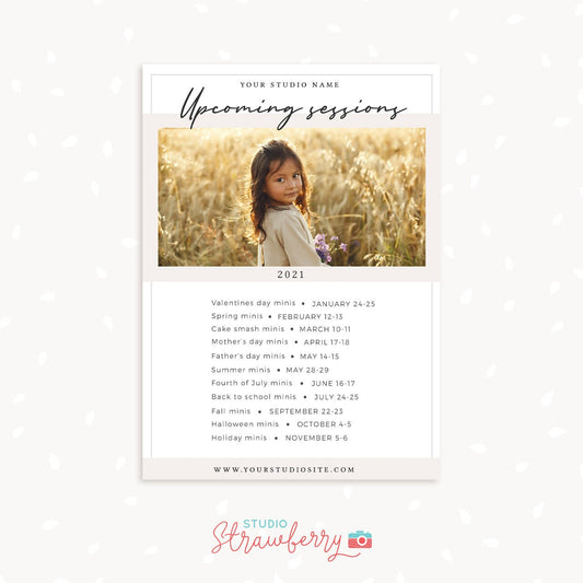 Upcoming sessions photography template, mini sessions calendar card, photography marketing board, session dates overview, sessions schedule