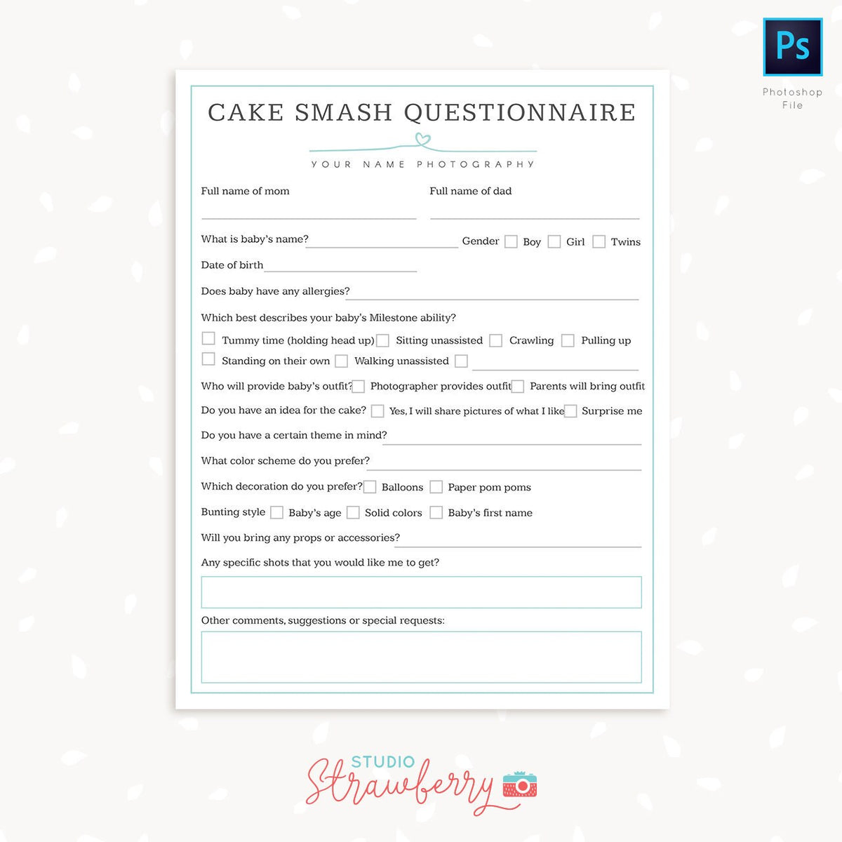 Cake Smash Questionnaire Template, Cake smash sessions sign up form, Cake Smash question form, Photography Booking form template, Cake smash
