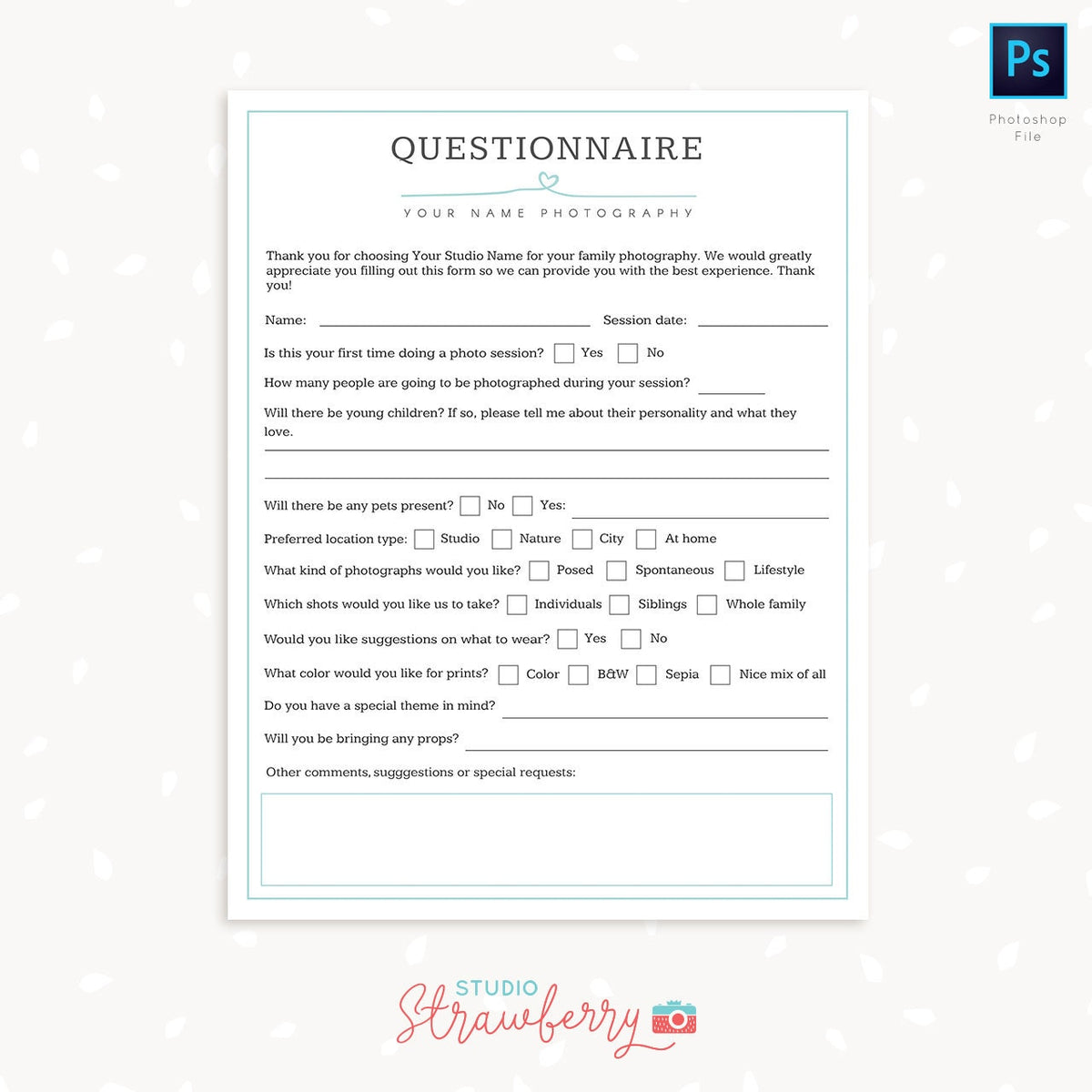 Photography questionnaire template, Family photography questionnaire template, Family questionnaire, Photography Forms, Family sign up form