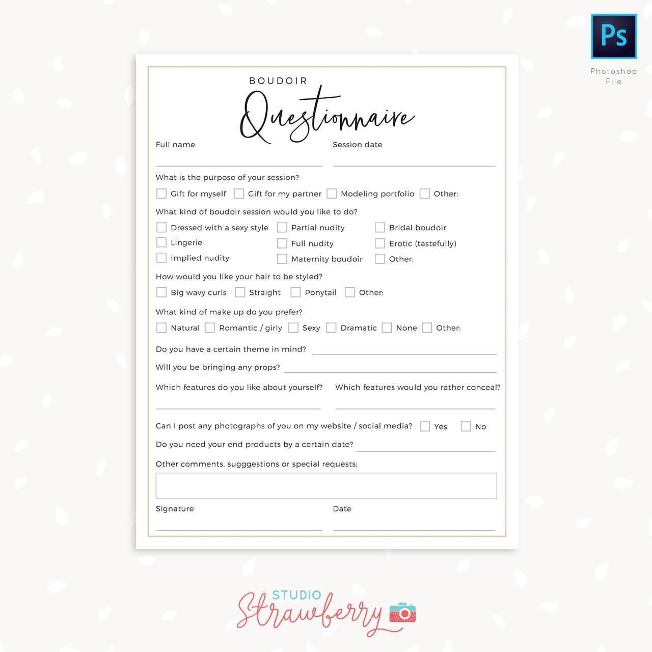 Boudoir questionnaire template, Boudoir photography questionnaire template, Boudoir intake form, Boudoir Photography Sign up Form, Register