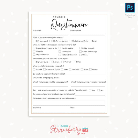 Boudoir questionnaire template, Boudoir photography questionnaire template, Boudoir intake form, Boudoir Photography Sign up Form, Register