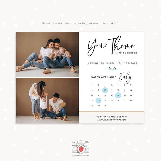 Mini Session Template, Mini session marketing, Photography marketing, Neutral mini sessions template, Photographer Calendar availability