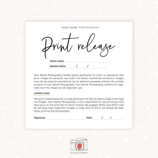 Photo print release form card, Photography Forms, Forms For Photographer, Photographer Print Release Square Card, Print Release template