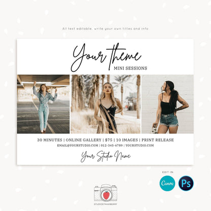 Mini Session Template, Canva, Photoshop, Mini session marketing, Photography marketing, Neutral mini sessions template, Editable marketing
