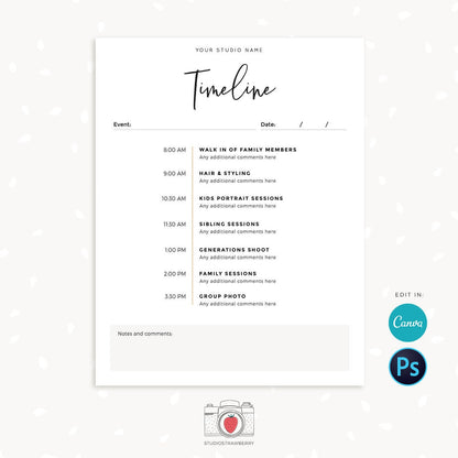 Timeline template, Event timeline template, Photography timeline, Photographer timeline, Photo session, Wedding timeline template, Canva C01