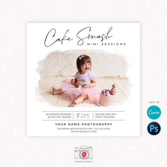 Cake Smash Mini Sessions Template, Canva, Photoshop, Cake smash mini session template, Cake Smash Mini Sessions, First Birthday, marketing