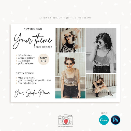 Mini Session Template, Canva, Photoshop, Mini session marketing, Photography marketing, Neutral mini sessions template, Editable marketing