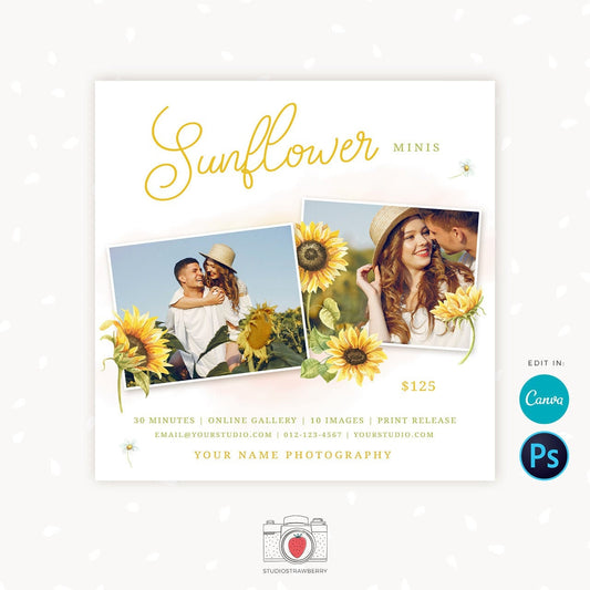Sunflower mini sessions template, Summer mini sessions, Canva, Sunflower sessions, Photoshop Template, Summer photography, summer sessions