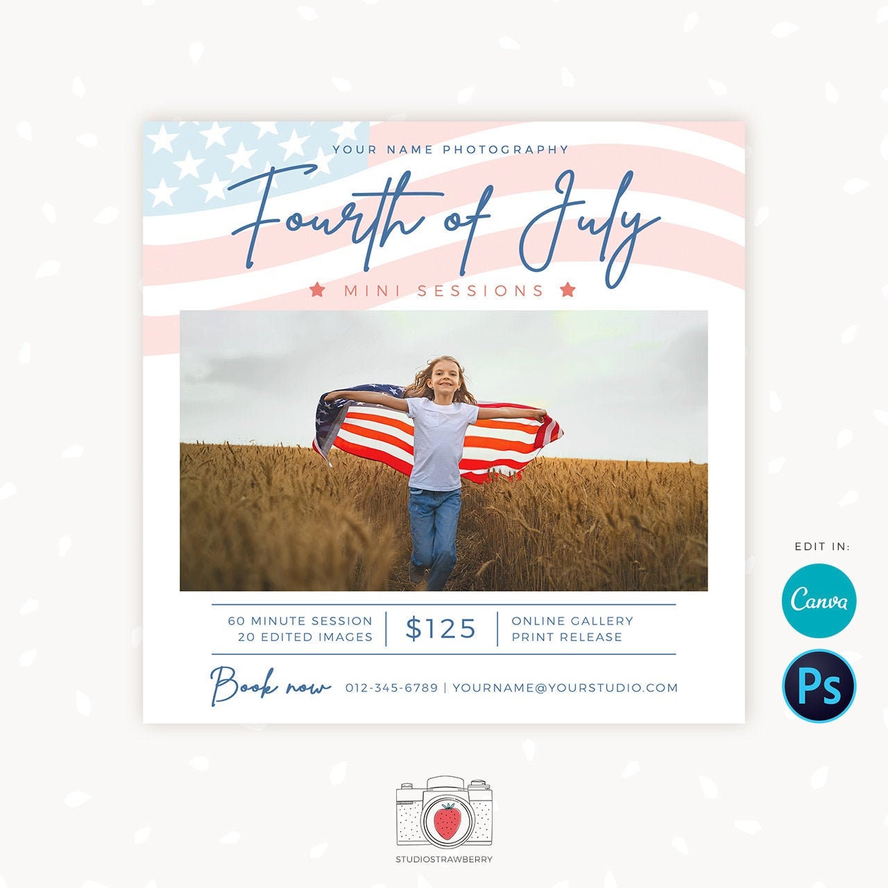 Fourth of July Mini Sessions Template, 4th of July, Independence Day Marketing Board, Mini Session Photoshop, Patriotic, Canva, Photoshop