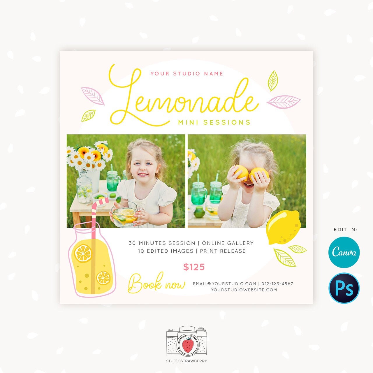 Lemonade Mini Sessions Template, Canva, Photoshop, Lemonade mini session template, Lemonade Mini Sessions, Lemonade stand, Lemons