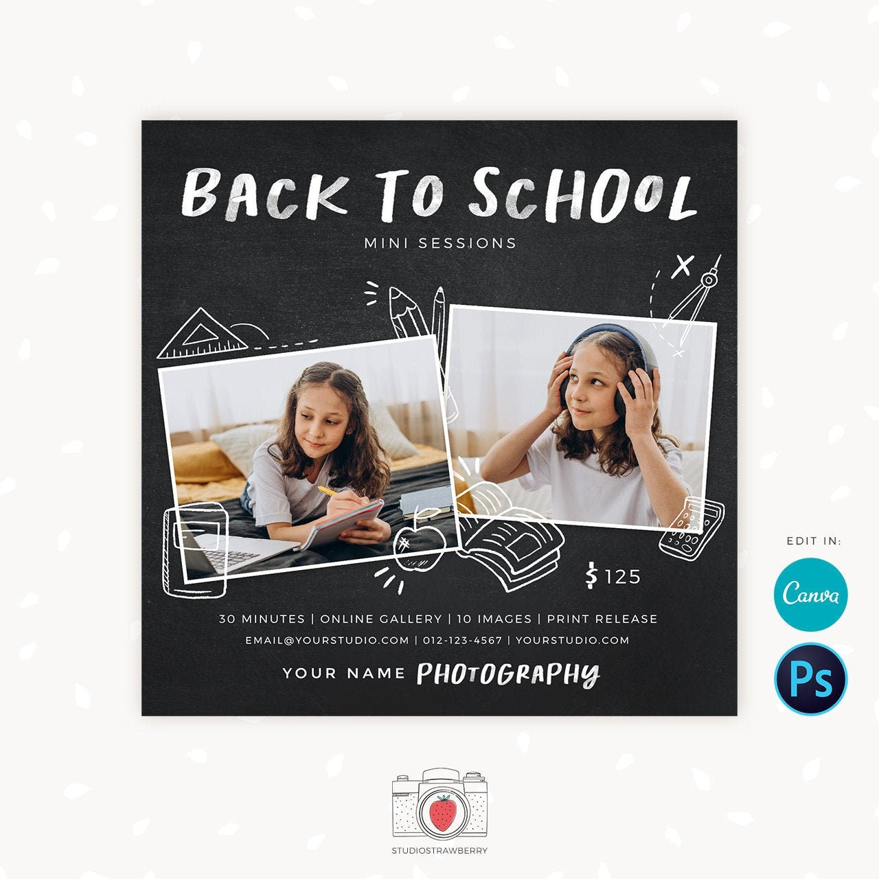 Back to school mini session template, Canva template, Photoshop template, Back to school minis, Back 2 school, School photography sessions