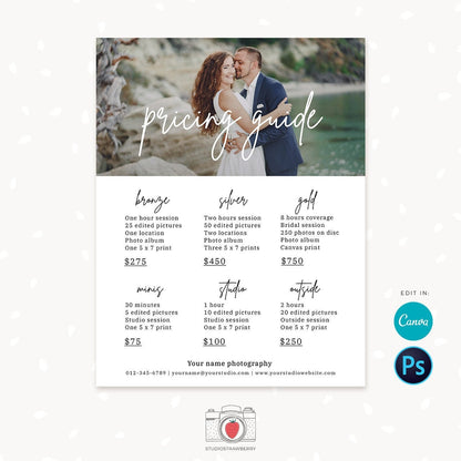 Pricing template for photographers, pricing guide photography template, price list template, photographer pricing package list, Canva, PS