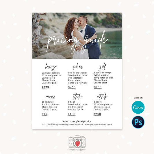 Pricing template for photographers, pricing guide photography template, price list template, photographer pricing package list, Canva, PS