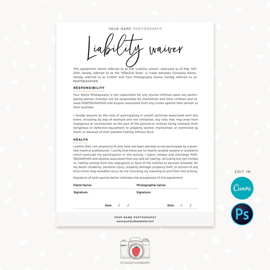 Photography Liability Waiver, Canva, Release form template, Illness Health statement, Injury release form , waiver of liability, C01