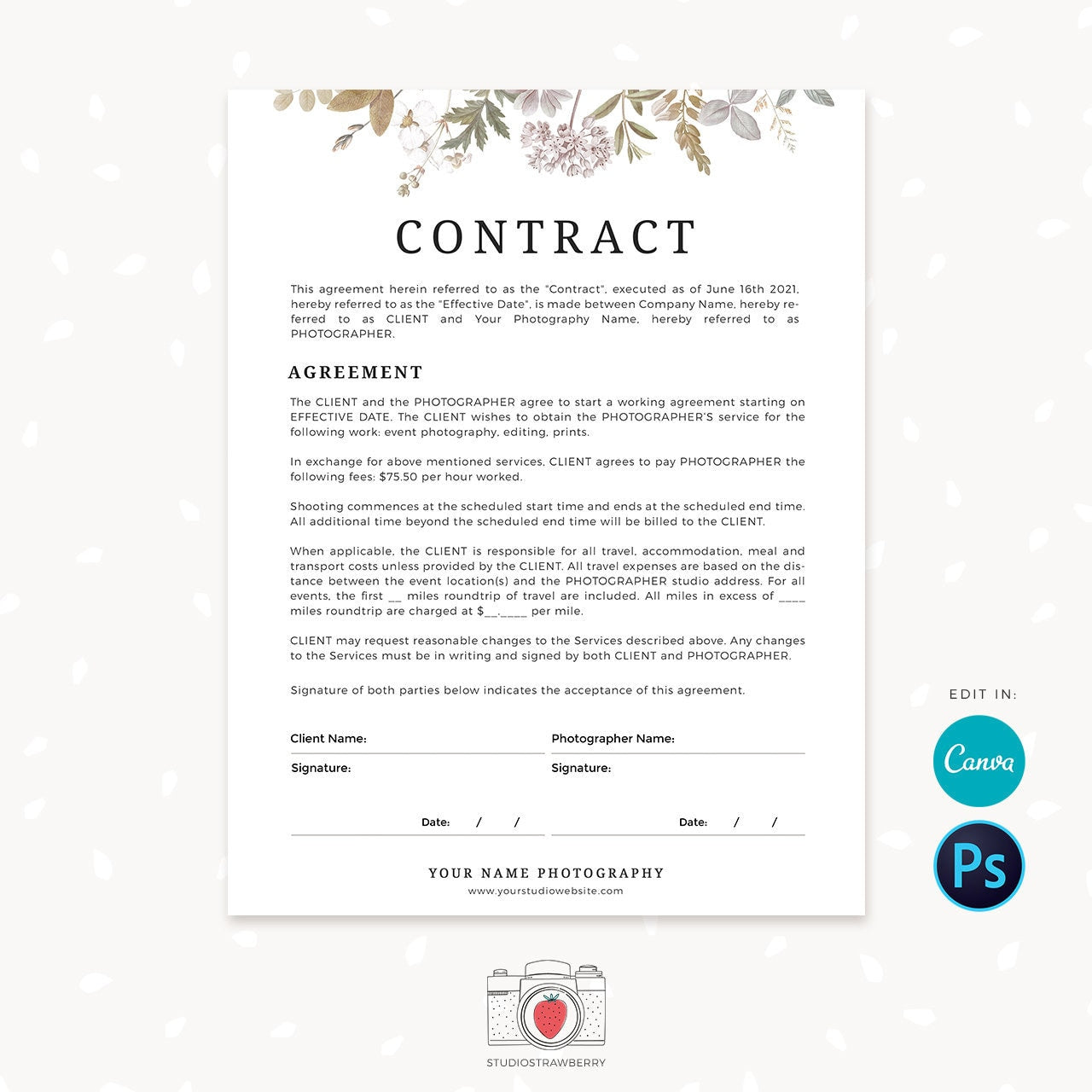 Photographer contract template, Canva, Photoshop, Photography Forms, Forms For Photographer, Photography Contract, Contract template, C03