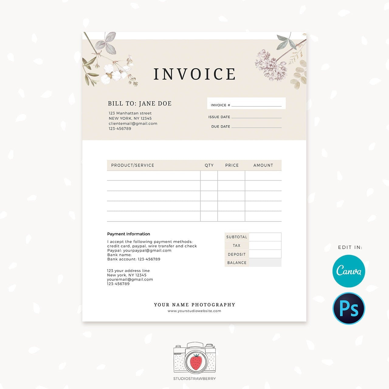 Invoice template, Printable invoice, Photography invoice, Canva, Photoshop, Business invoice, Receipt template, Photography forms, C03